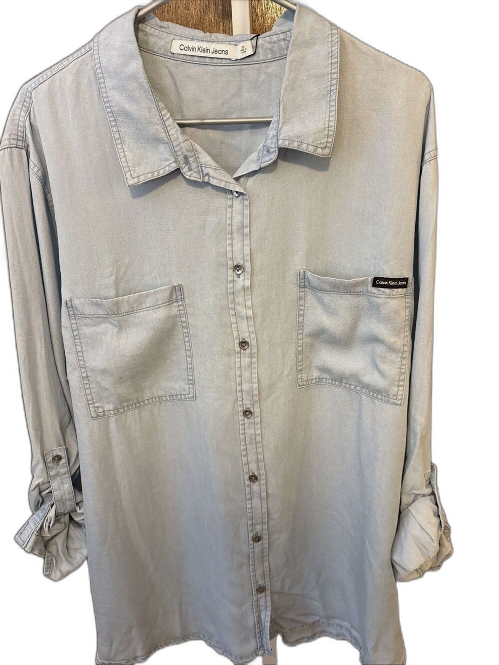 New Calvin Klein Jeans Womens Chambray Oversized Shirt W Roll Tab Sleeves Sz 2X